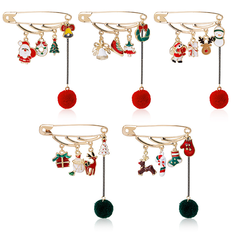 New Japanese and Korean creative Christmas tassel fur ball brooch Snowman reindeer walking stick gloves pin collar pin full figure