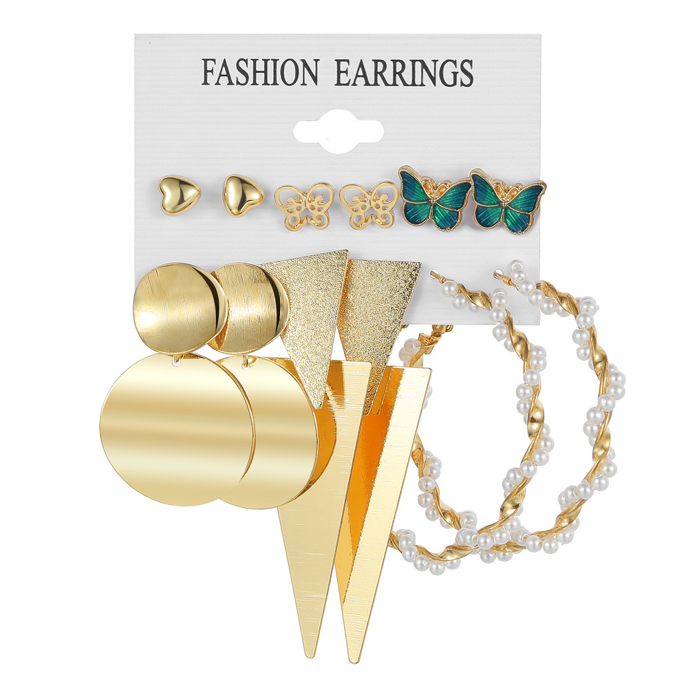Cross-border multi-layer geometric circle inlaid rhinestone butterfly stud earring set 6 pairs of creative butterfly pendant ear ring earrings Item Picture