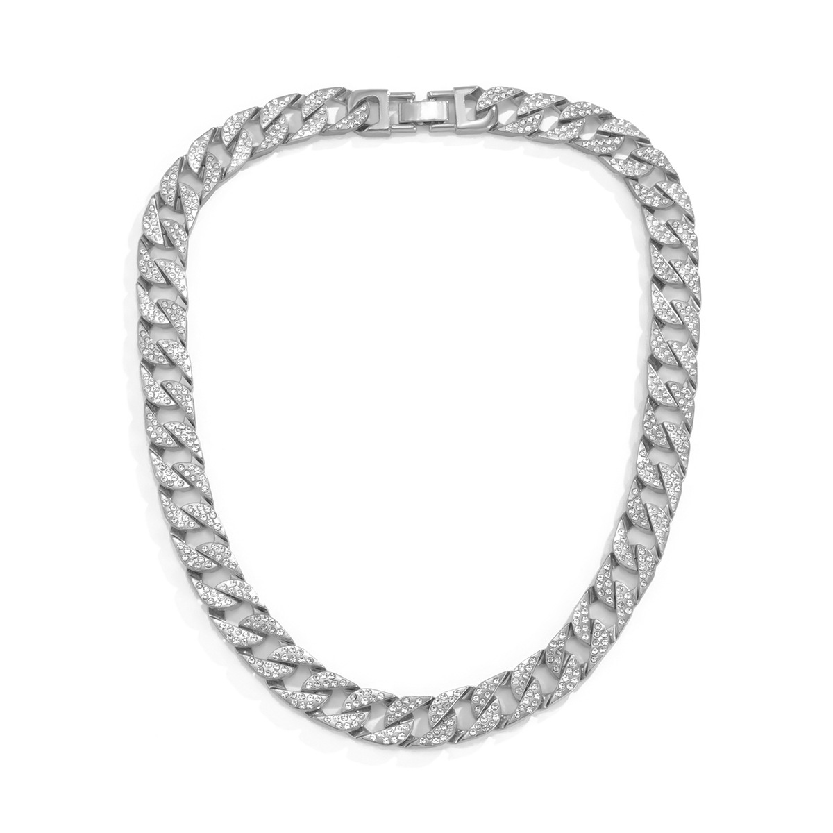 European and American cross-border accessories Hip-hop women's full-diamond Cuban chain necklace, retro hollowed-out rhinestone snap collarbone necklace Item Picture
