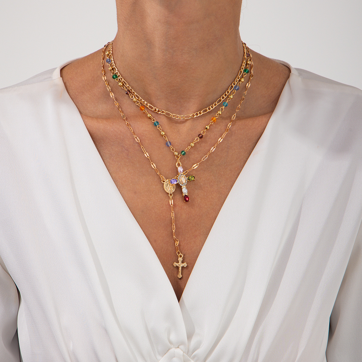 European and American cross-border fashion Y-shaped tassel necklace, women's creative color double-layer cross pendant collarbone chain accessory details Picture