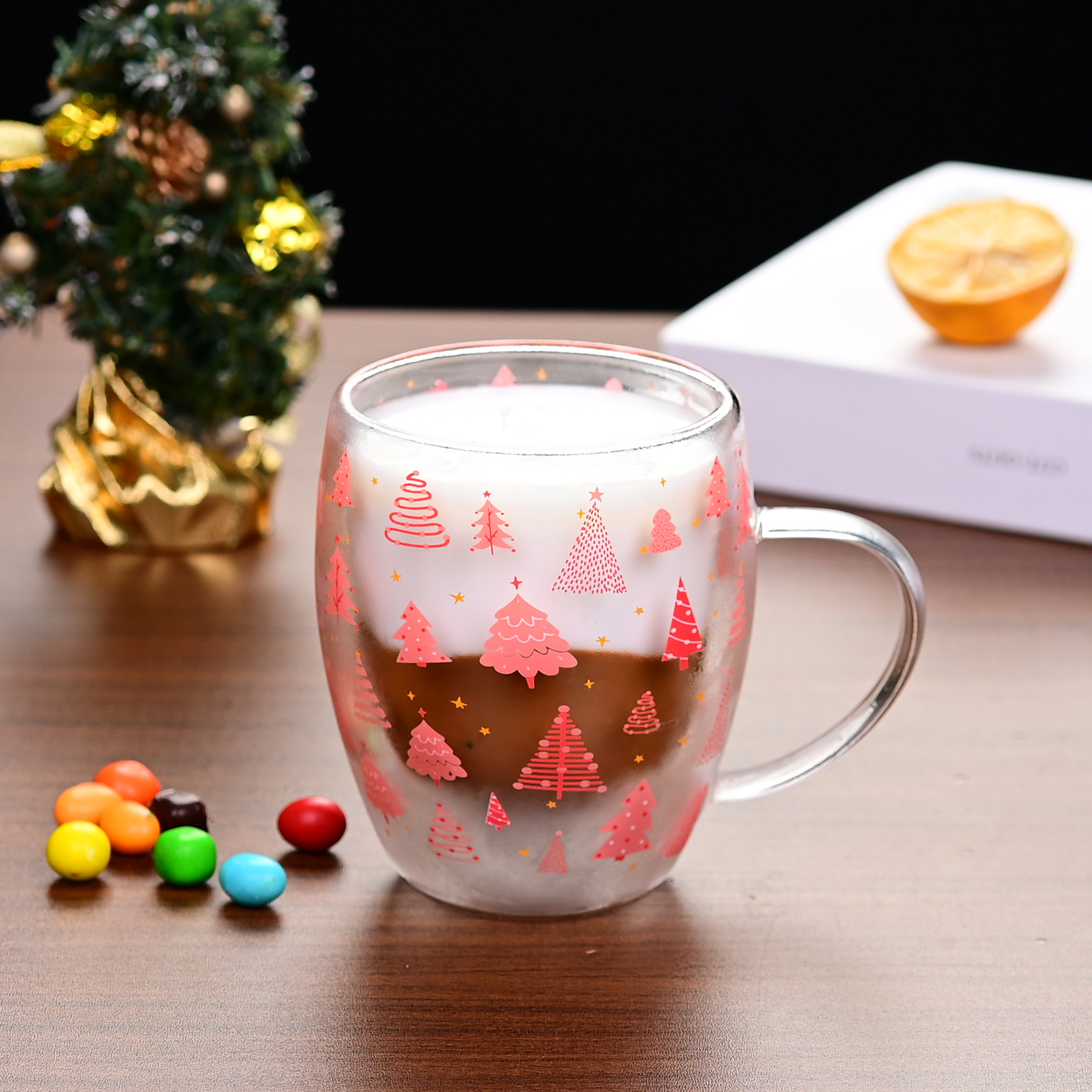 Cross-border American Christmas office pink Christmas tree, home double-layer insulated high boron glass cup, Internet celebrity style Specification drawing