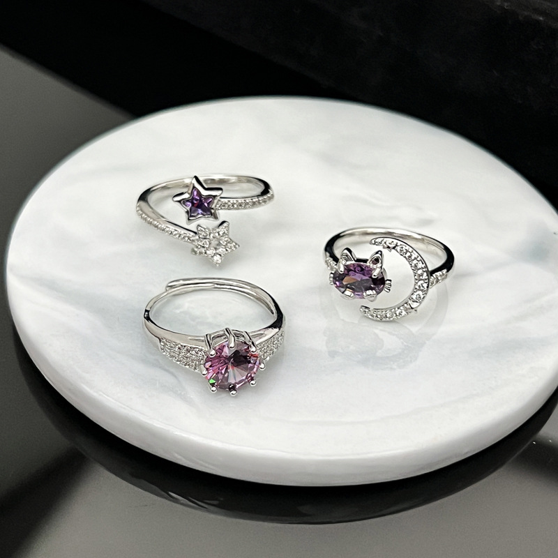 Korean internet-famous light luxury purple diamond French sweet and cool star opening ring, a fashionable and versatile ring for women's little rabbit Application Scenario