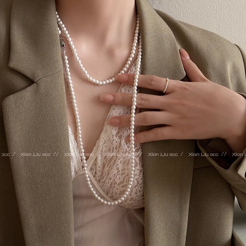 A variety of wearing methods, long pearl necklace, round and bright, with a light luxury and French style Specification drawing