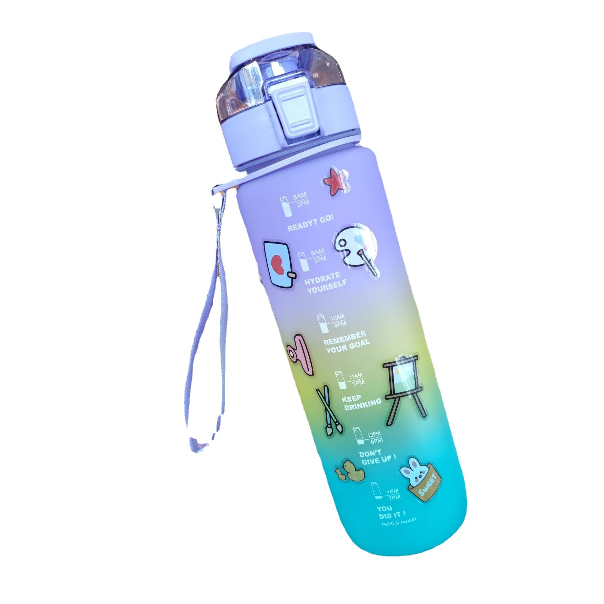 Wholesale of popular new products comes with 2D stickers, 1000ml gradient frosted straws, plastic water bottles and portable handle water cups Item Picture