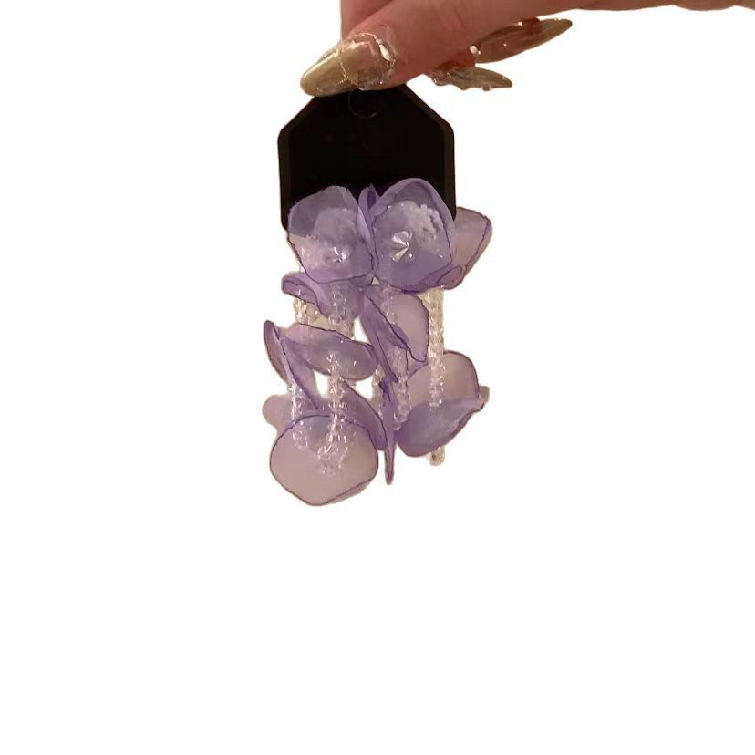 Vacation-style purple chiffon flower earrings, gentle and elegant, crystal tassel stud earrings, forest-themed organza fresh earrings Item Picture