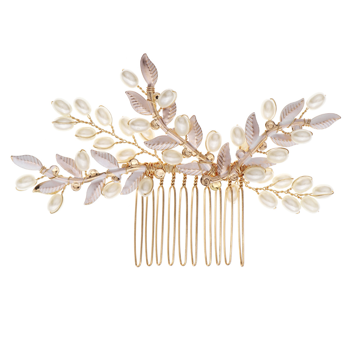 Korean-style wedding dress, evening gown, hair accessory, beautiful forest-style alloy leaf comb, Xiuhe dress, and pearl hair comb Item Picture