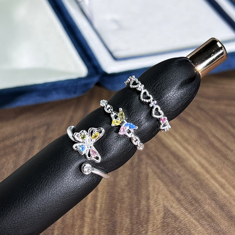 Sweet love, silver texture open ring, French exquisite, super fairy-like colorful diamond irregular butterfly index finger ring, trendy full figure