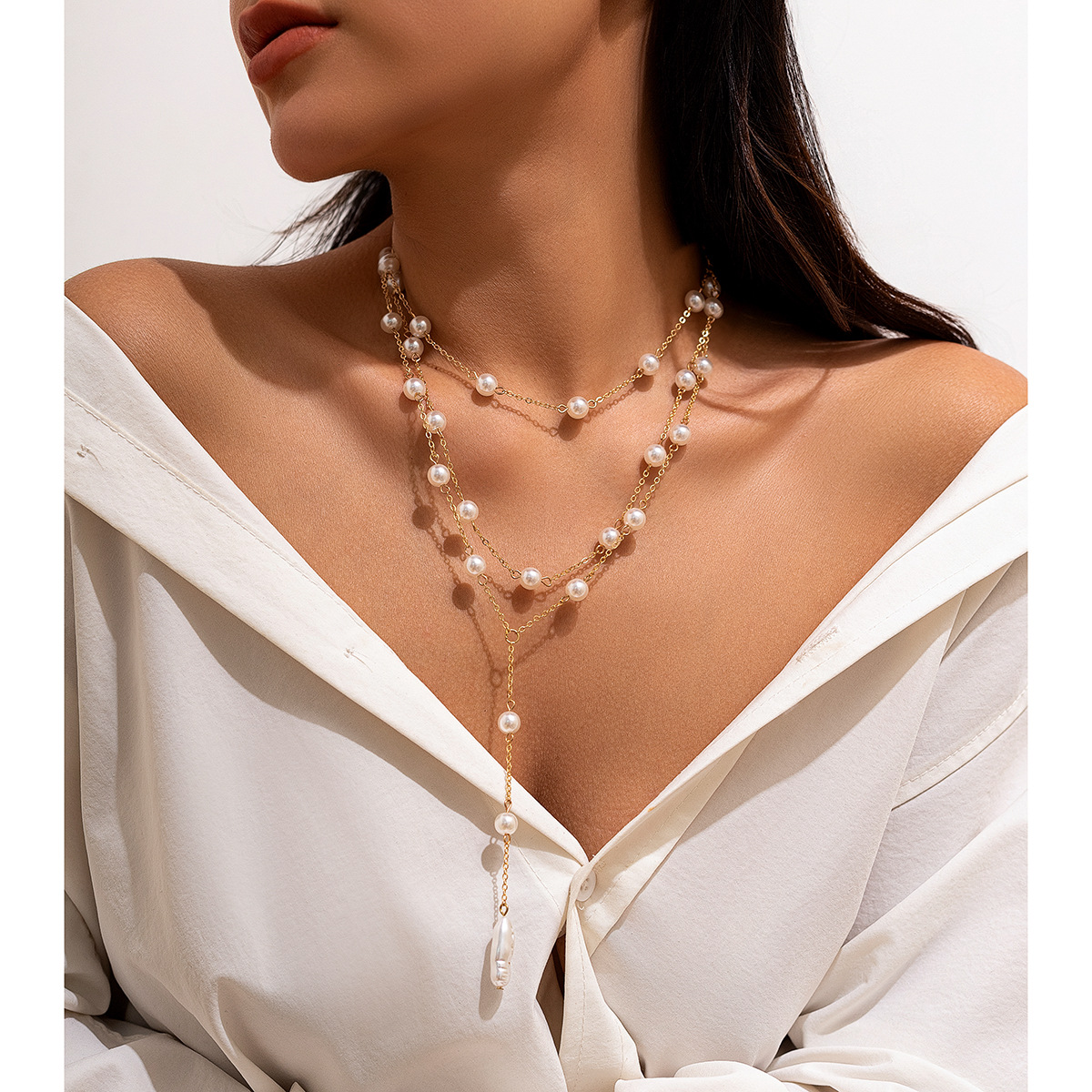 European and American cross-border accessories fashion pearl Y-shaped tassel necklace women 's business party multi-layer necklace necklace full figure
