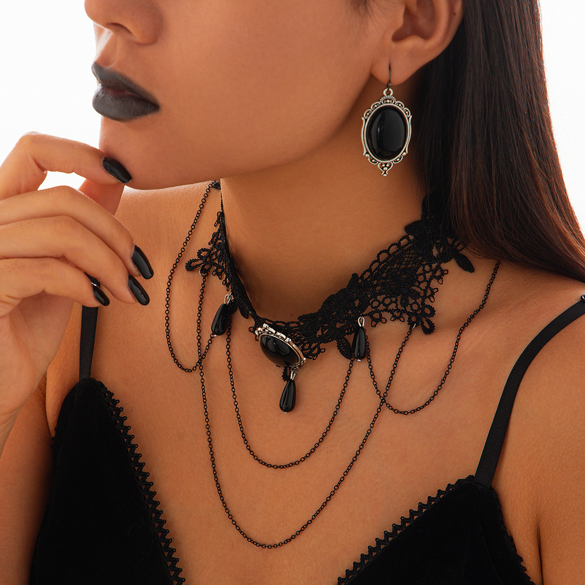 European and American cross-border jewelry, Gothic style moon alloy necklace set, feminine multi-layer lace tassel collar Specification drawing