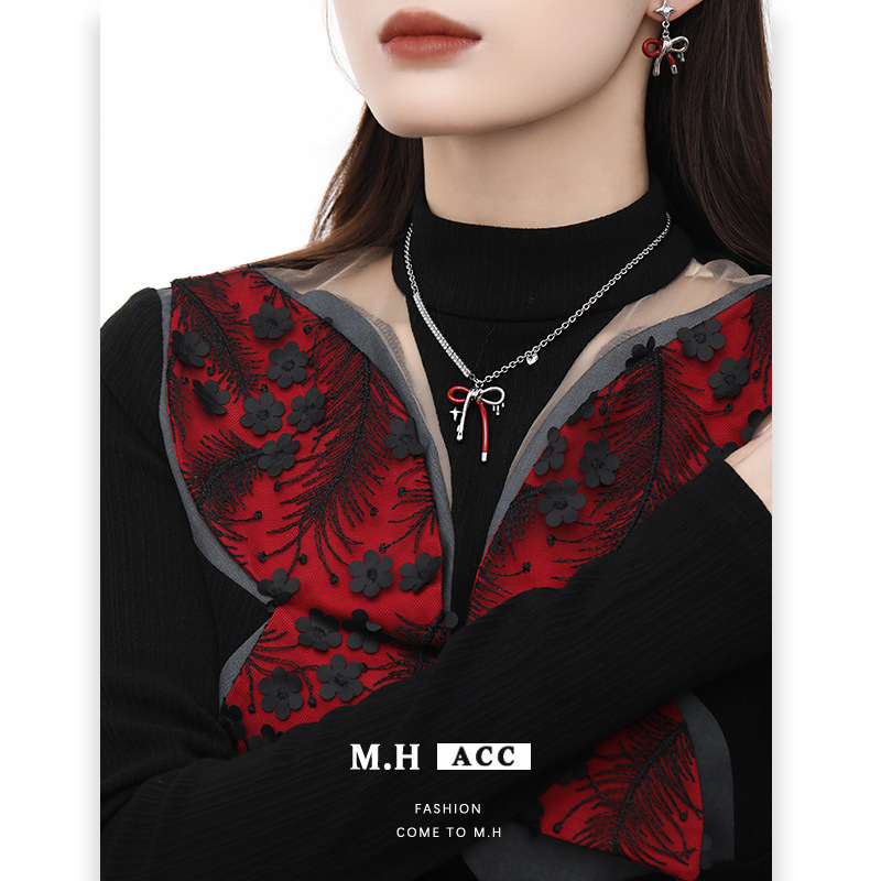 Angola red bow earrings 925 Autumn/Winter High-end stud earrings wholesale simple style French retro earrings for women details Picture