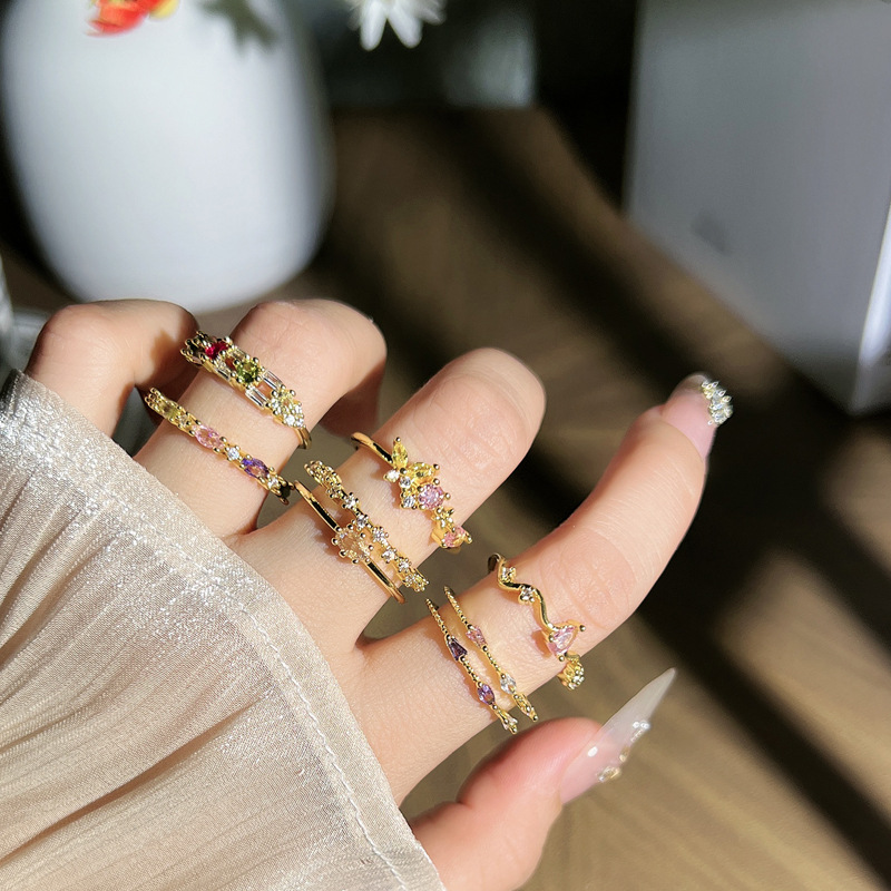 New light luxury student sweet slightly inlaid colored diamond open ring for women, double-layer exquisite, fashionable, niche and cold style ring full figure