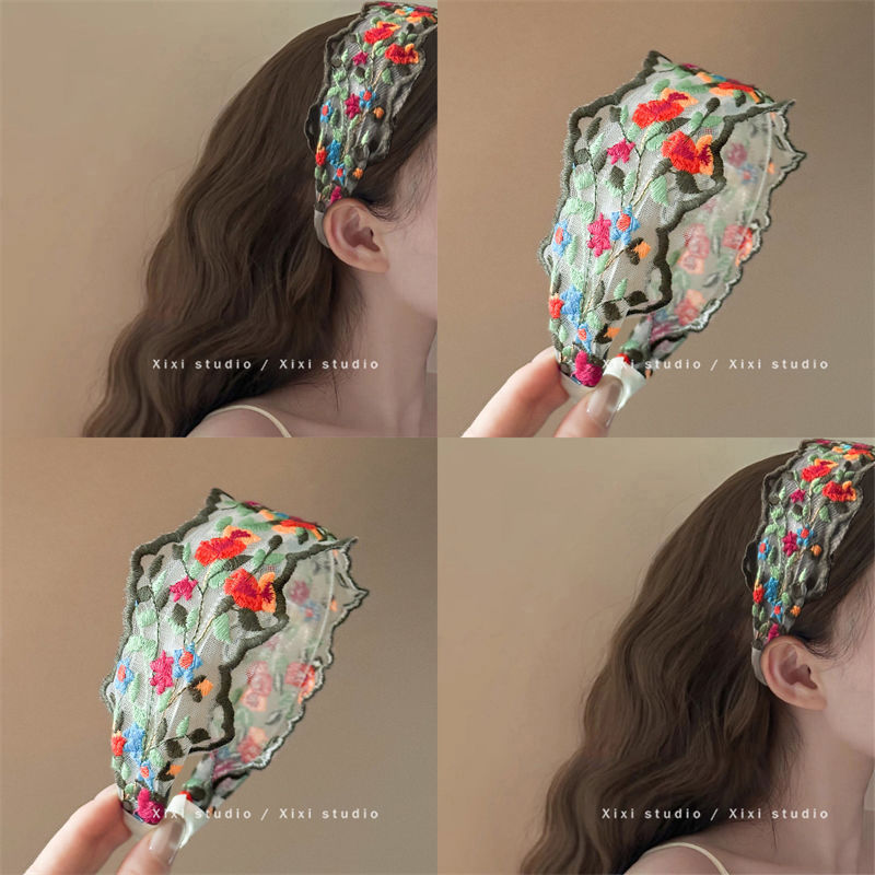 Retro flower-embroidered headband, new Spring/Summer 2025 ethnic style wide-edge headband, high-end headwear, pressure hair clip full figure