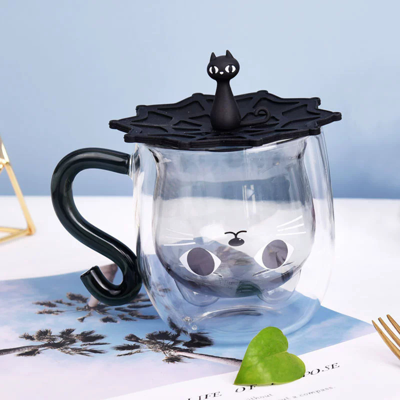 Creative cartoon kitten water cup with handle, transparent glass cup, double-layer cup, heat-resistant milk cup, household breakfast cup Specification drawing