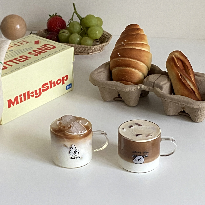 Homemade simple hand-painted cartoon dog glass cups, small mini high borosilicate glass water cups, espresso cups full figure