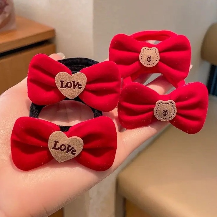 Red bow tie hair band for the New Year, New Year headwear, high-elasticity rubber band ponytail hair tie, children's festive hair accessories details Picture