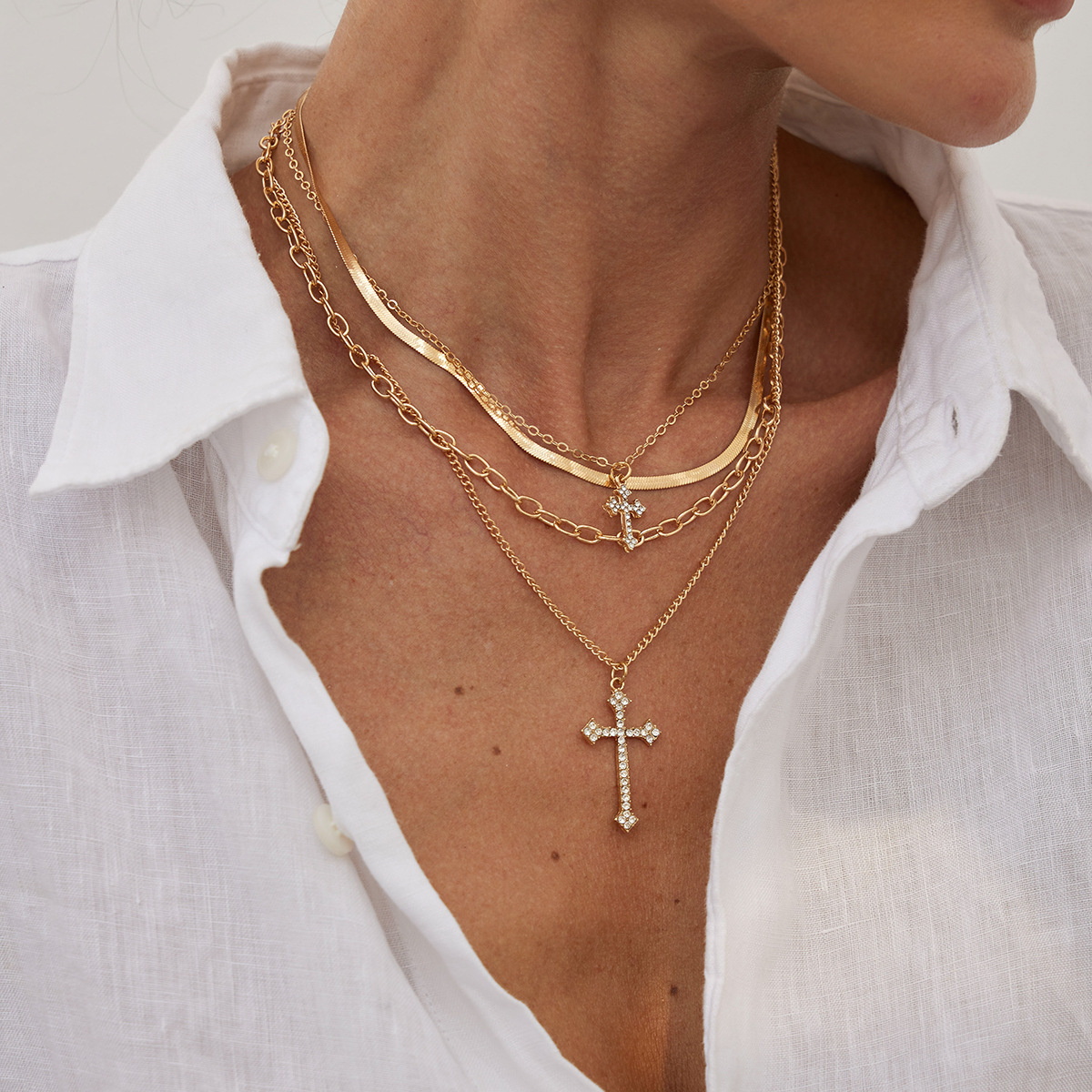 European and American cross-border jewelry hip-hop diamond-encrusted multi-layer cross pendant collarbone chain ins metallic snake-bone chain necklace details Picture