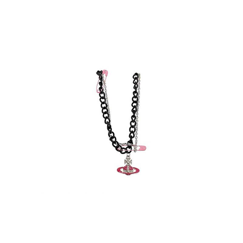 Princess Barbie pink drip glaze heart-shaped Planet necklace for girls, sweet and cool, hot girl, street personality accessory collarbone chain Item Picture