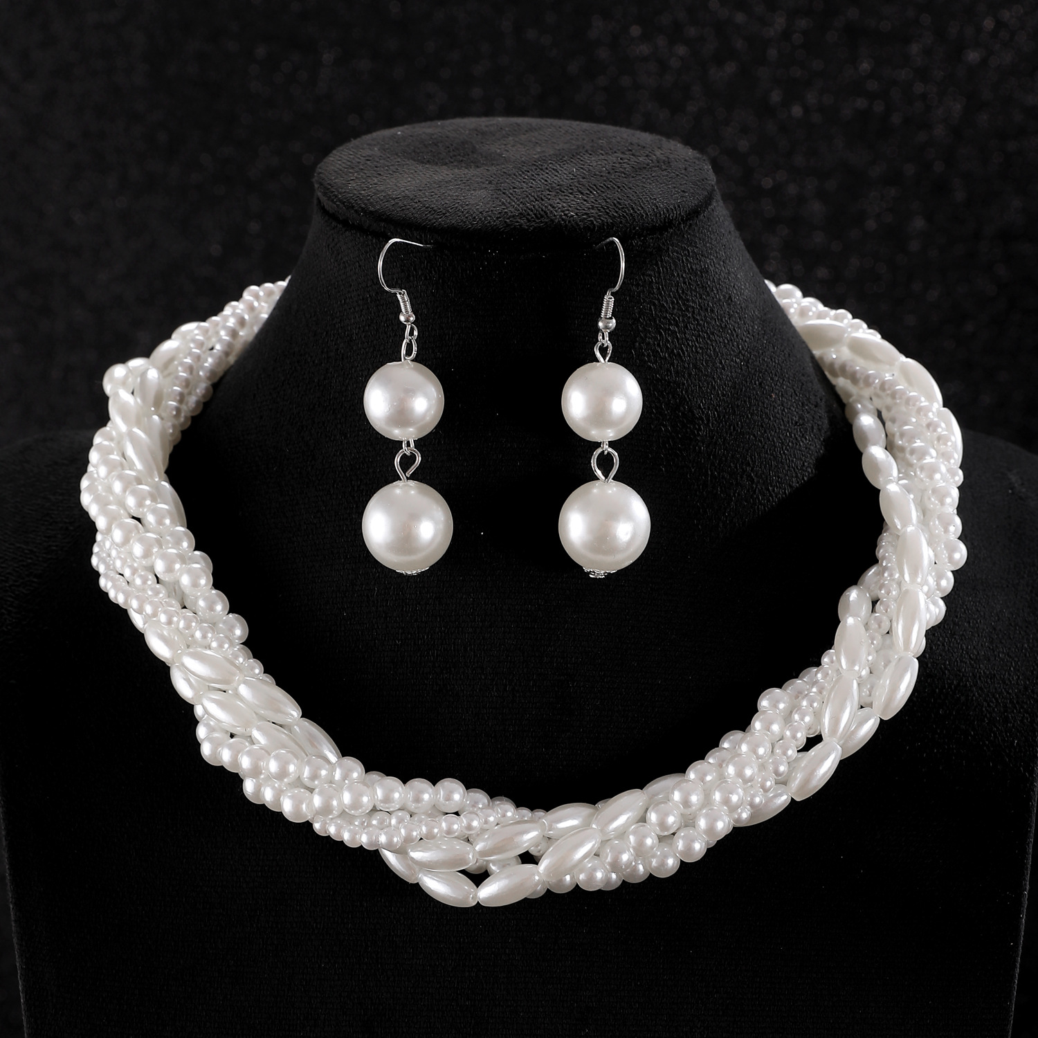 Cross-border high-end Shambhala diamond ball, white pearl earrings, necklace, chain, AliExpress bride jewelry set details Picture
