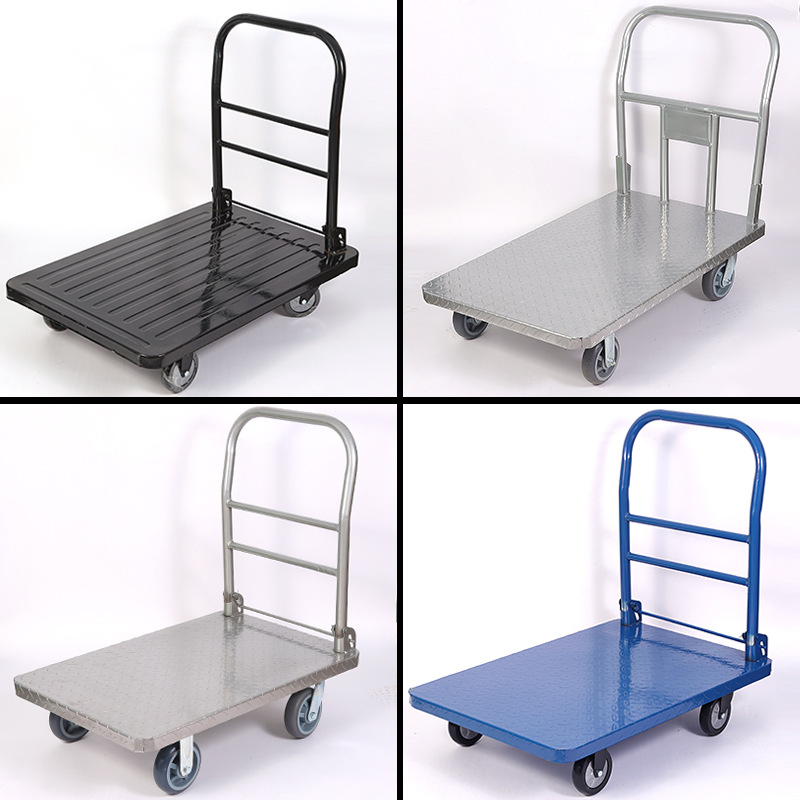 Iron flatbed tool cart, handcart, flatbed cart, small cart, trailer, folding and moving vehicle, hand-pulled vehicle, four-wheel steering Specification drawing