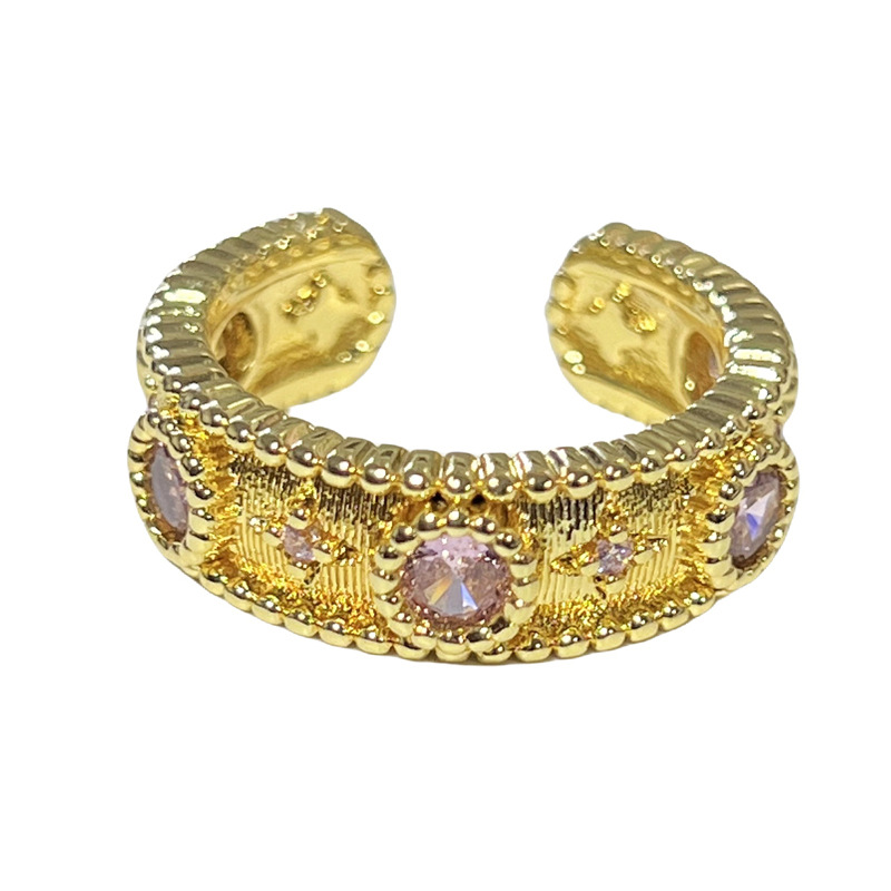A light luxury ring with a court-style Italian weave pattern, gold brushed iris, and a sweet and cool ring with a transparent gourd and pink diamonds Item Picture