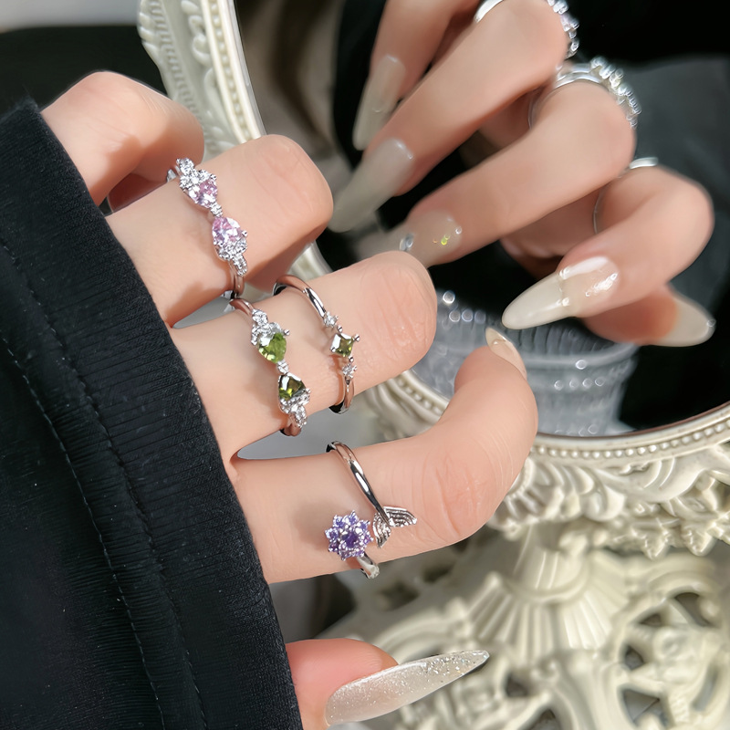 Minimalist plain circle purple diamond fish tail sweet and cool open ring for women, unique and high-end olive green bow ring details Picture