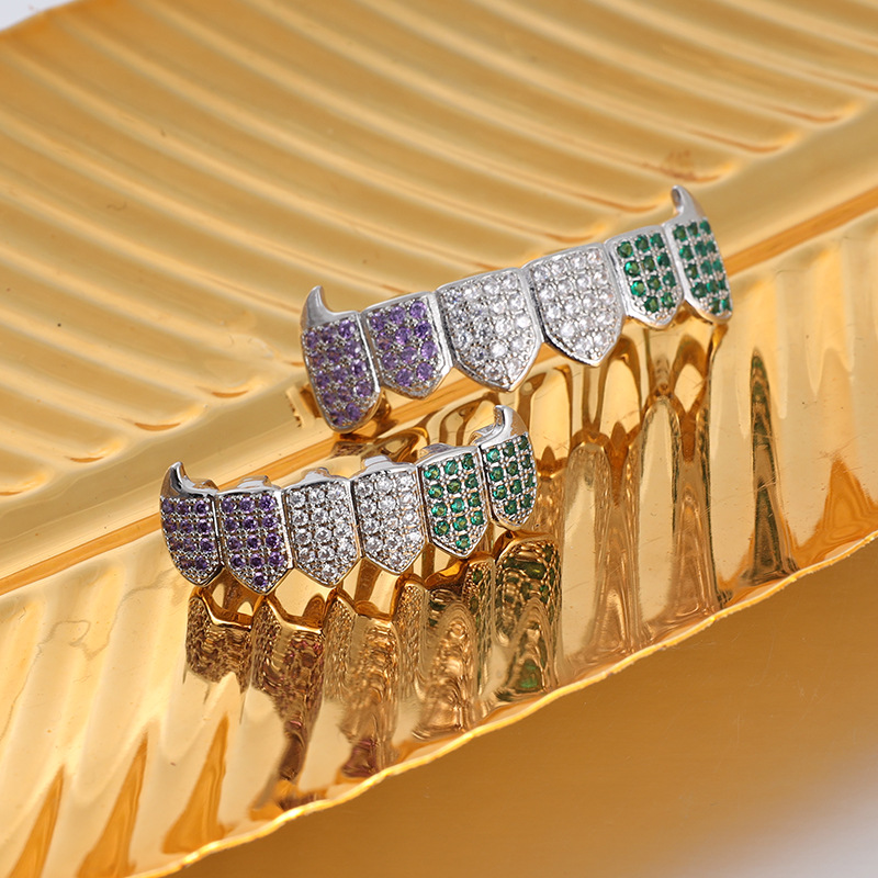 In 2024, the new cross-border product, hiphop teeth grillz teeth, features color micro-inlaid zircon gold teeth full figure