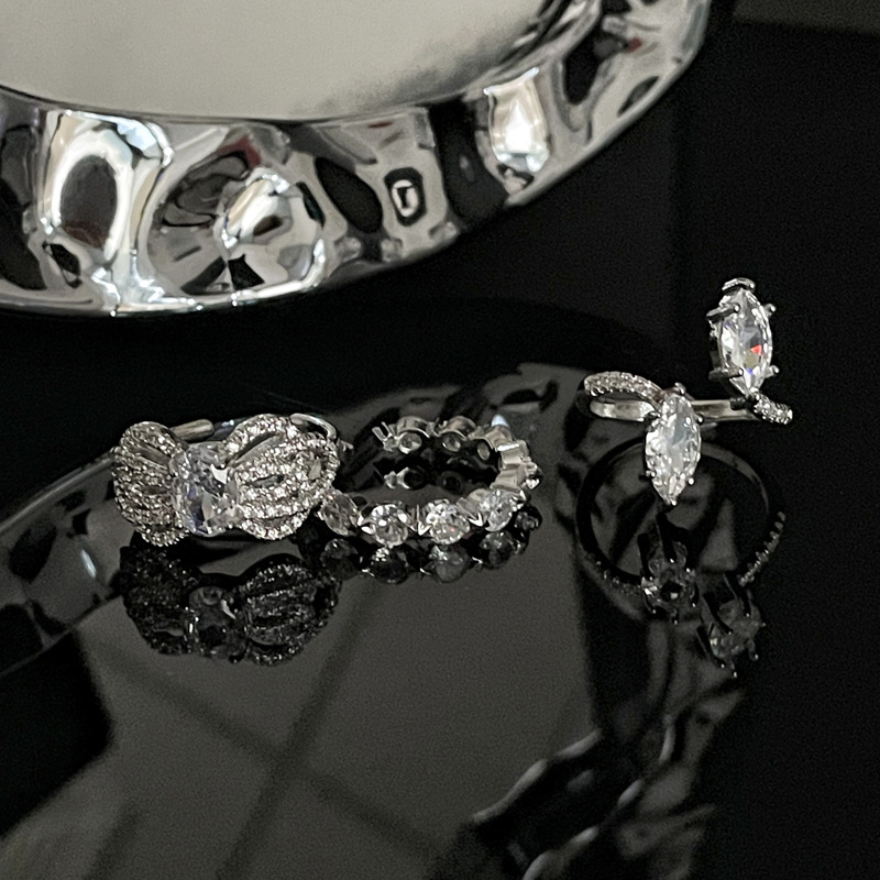 A light luxury and high-end full-diamond zircon bow open ring for women's ins, with a cold style, individual temperament and fashionable charm details Picture