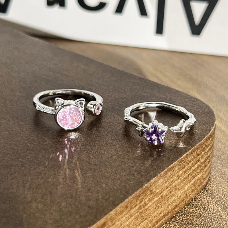 Korean version cute and sweet pink diamond kitten open ring, female student purple diamond star niche light luxury cold style ring Specification drawing