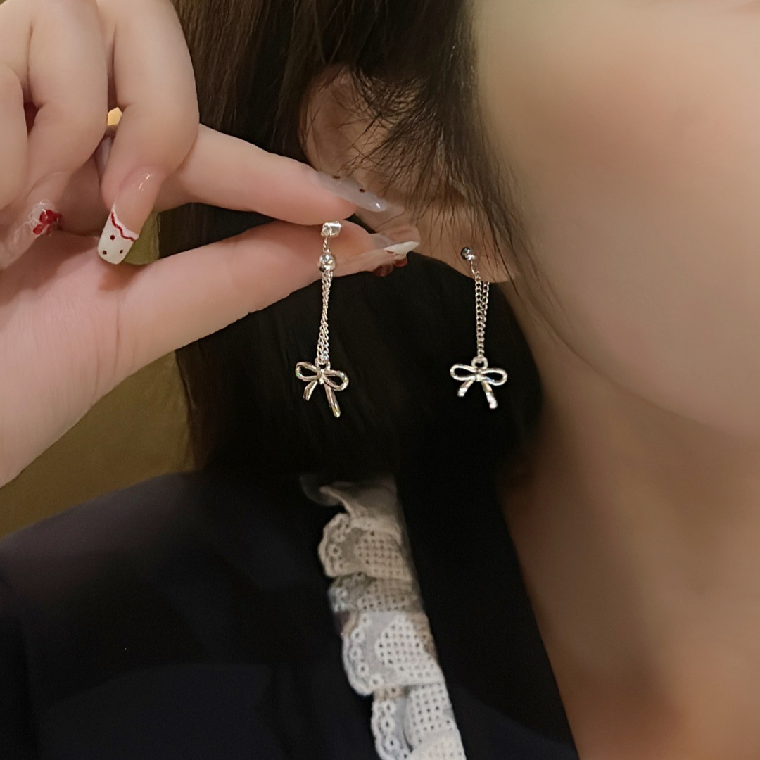 Bow stud earrings, long tassel earrings, sweet forest style, super fairy-like, niche and high-end, cute and elegant earrings full figure