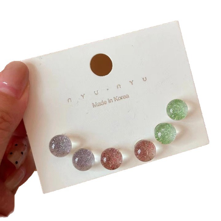 6 sets of colorful ice-transparent starry sky glitter bean stud earrings, a versatile and sweet resin earring for women, a new style of earrings Item Picture
