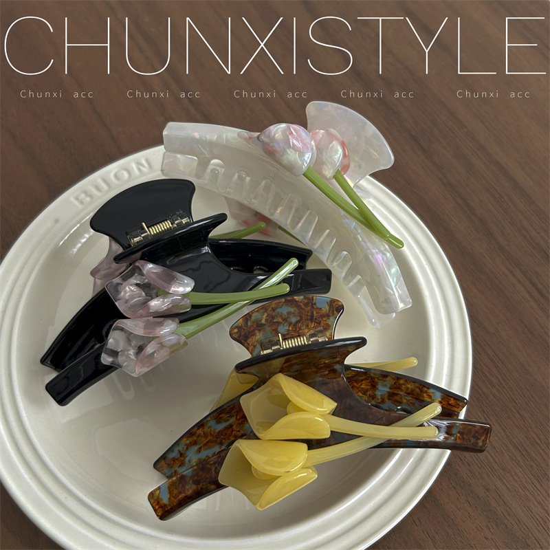 Live well and meet each other slowly ~ Acetate flower clipper Korean-style simple jelly-colored hair bun shark clip hair accessory details Picture
