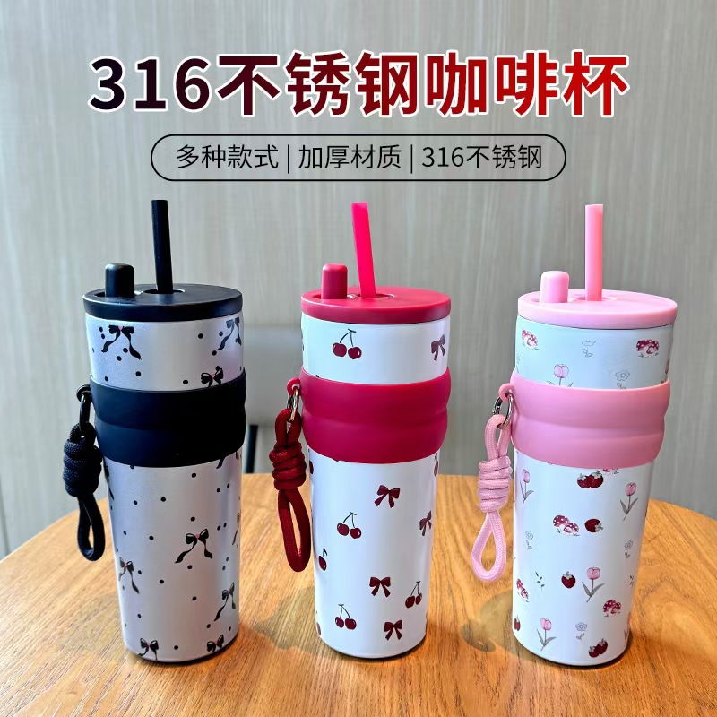 New coffee cup, 316 stainless steel insulated cup, women's straw cup, large-capacity water cup, high appearance level, portable drinking cup details Picture