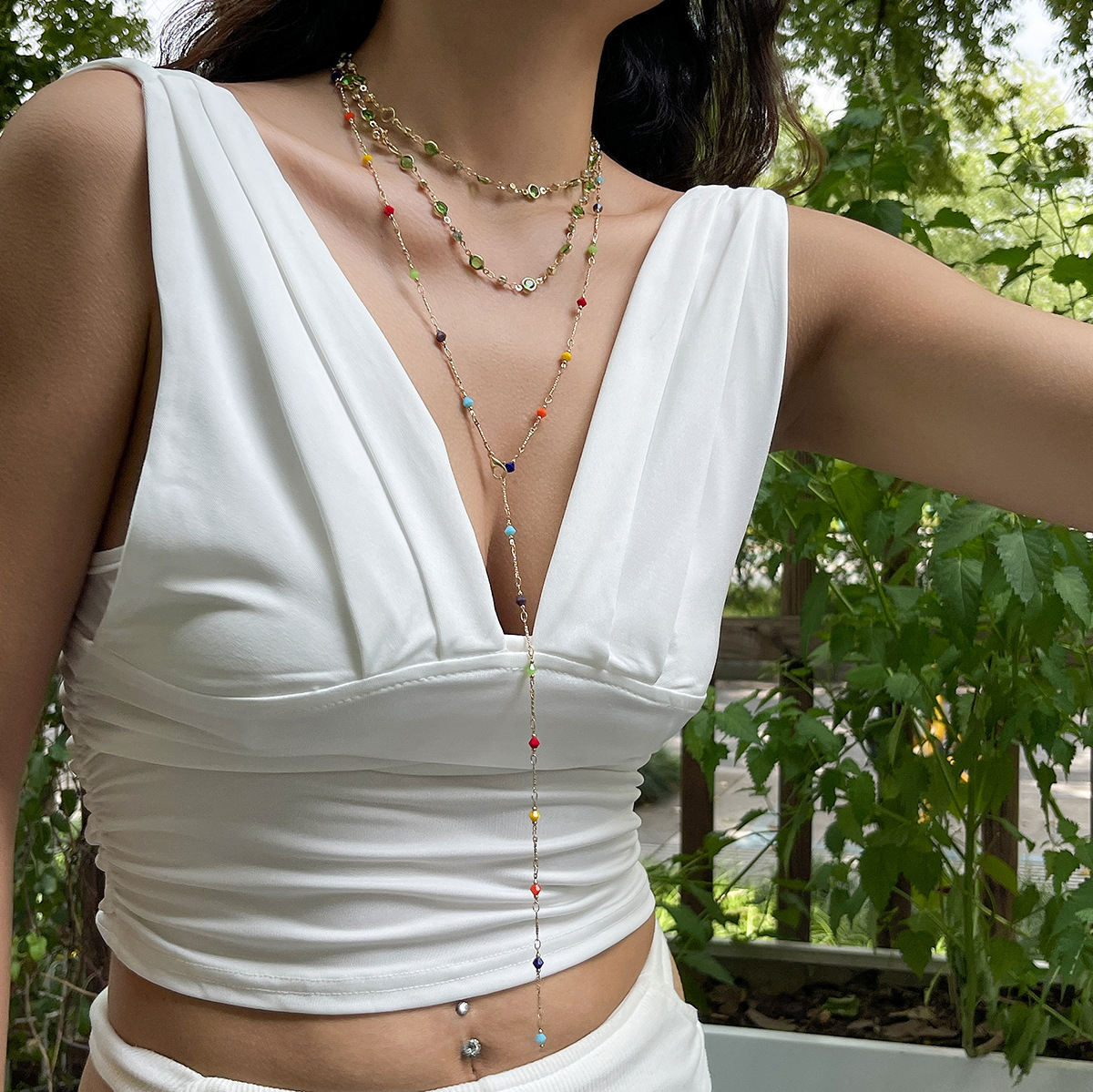 European and American cross-border jewelry, fashionable tassel Y-shaped chain necklace for women, simple multi-layer inlaid crystal collarbone chain Specification drawing