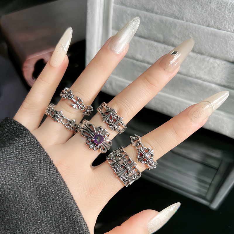 Retro and aged iris cross ring, neutral style, ins trendy, cold European and American style, adjustable ring quality details Picture