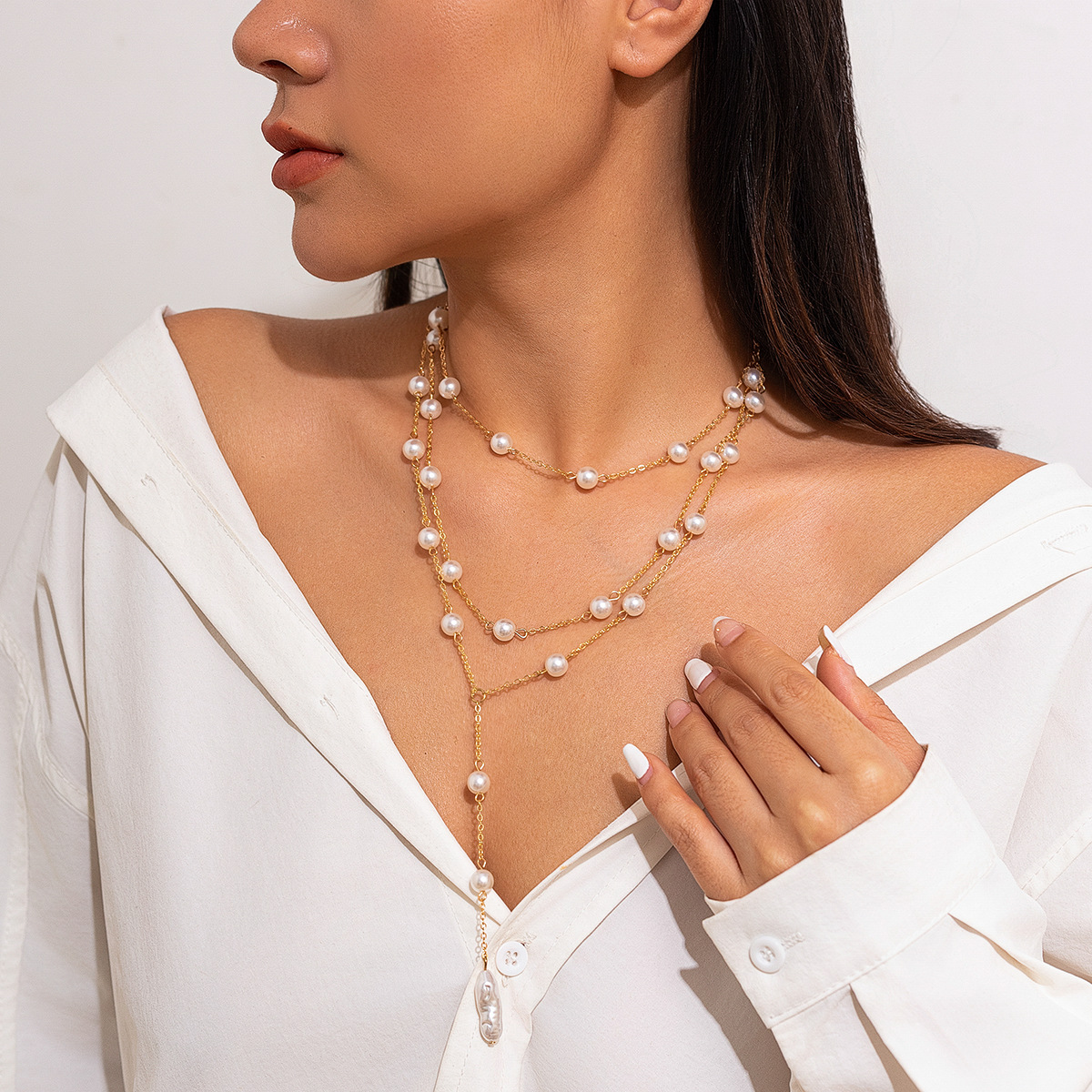 European and American cross-border accessories fashion pearl Y-shaped tassel necklace women 's business party multi-layer necklace necklace details Picture