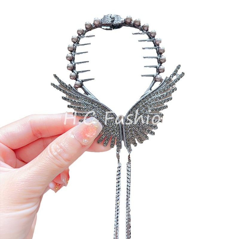 New Chinese-style feminine style flower bun hair clip, wing tassel ponytail buckle, back of the head updo headwear Item Picture