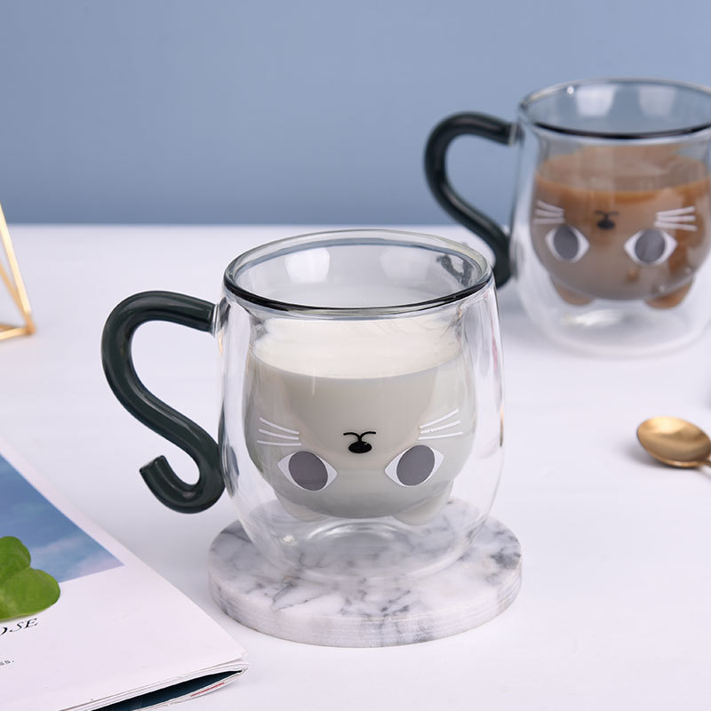 Creative cartoon cat double-layered cup, household large-capacity drinking cup with handle, transparent high-temperature resistant glass coffee cup Application Scenario