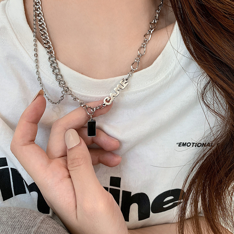 Black zircon letter spliced silver necklace for women, 2023 new hip-hop collarbone chain, Instagram niche and unique necklace full figure