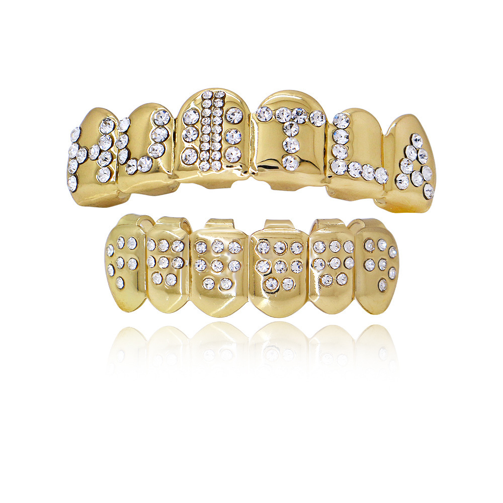 2024 Cross-border trend new hip-hop braces with gold dots, diamonds, golden teeth, hiphop punk Halloween full figure