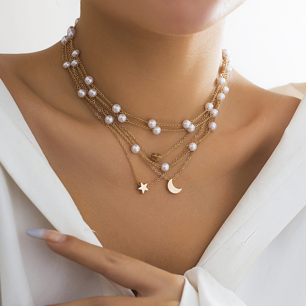 European and American cross-border versatile imitation pearl sweet cool necklace set simple rhinestone tassel vintage necklace accessory Specification drawing