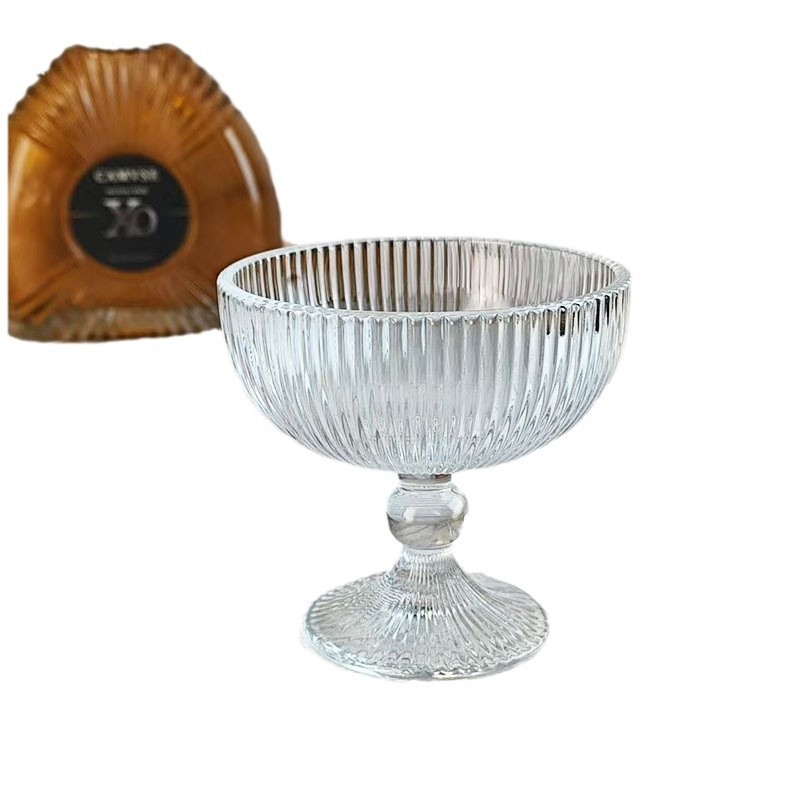 Vertical striped high-footed glass cups, ice cream cups, glass dessert cups, yogurt cold drink ice cream cups, champagne cups, wine glasses Item Picture