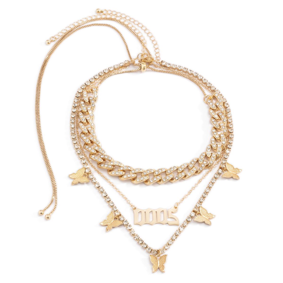 European and American cross-border jewelry, full diamond geometric Cuban chain, elegant collarbone chain, exaggerated letter tassel butterfly necklace Item Picture