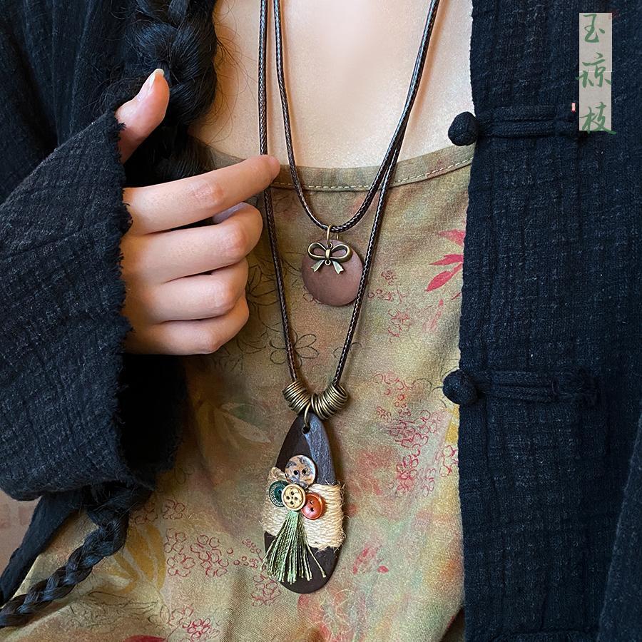 Bohemian-style retro button water drop pendant necklace for women, 2024 new ethnic style long sweater chain necklace full figure