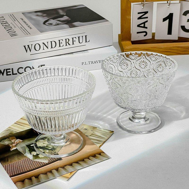 Retro embossed sunflower glass dessert cup, ice cream pudding, yogurt ice cream bowl, home oat breakfast cup Specification drawing