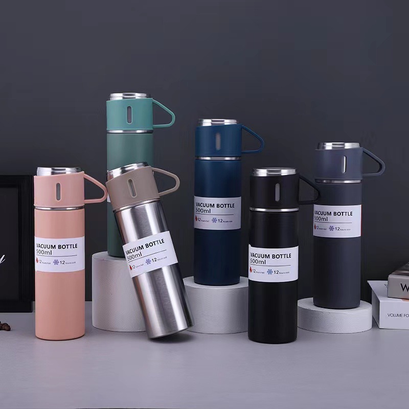 A three-lid water cup, stainless steel sleeping bar, portable bullet-shaped insulated cup, high-end set gift box, business gift cup full figure