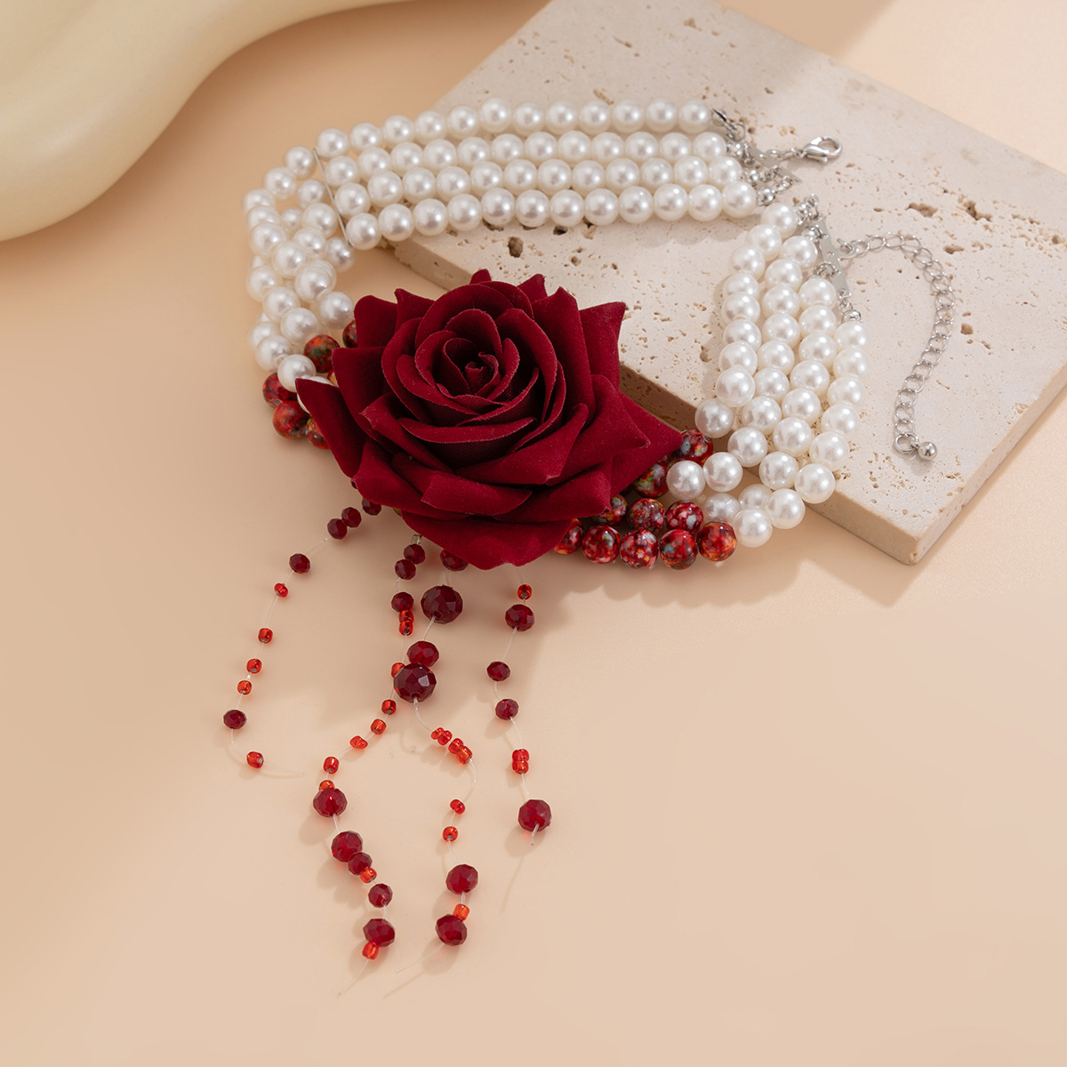 European and American cross-border jewelry sweet and cool style rose multi-layer pearl necklace, personalized tassel imitation blood drop collarbone chain Application Scenario