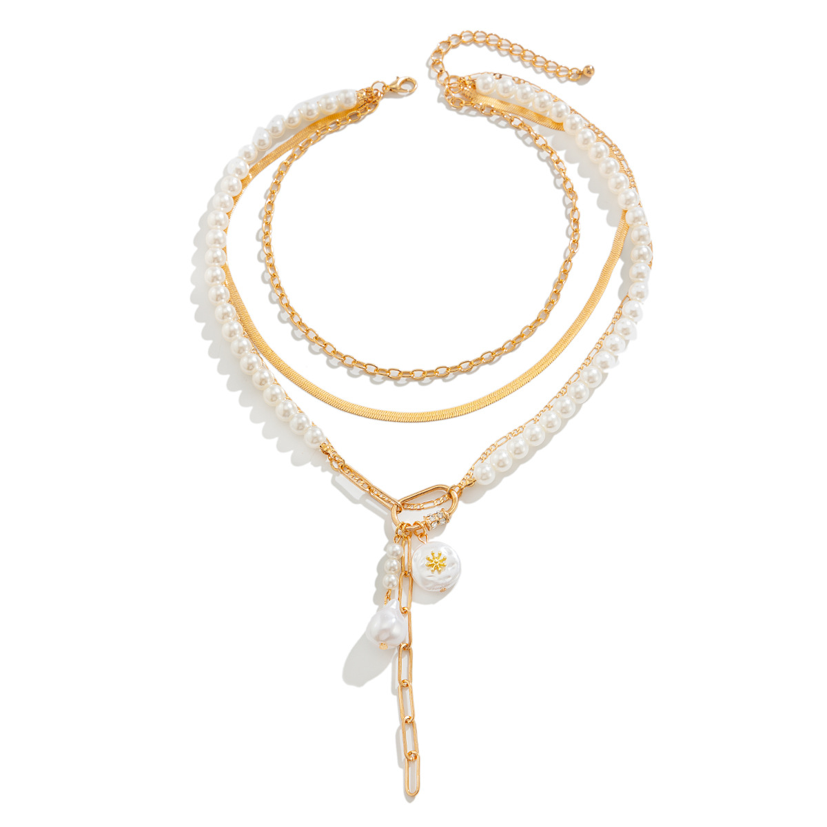 European and American cross-border jewelry, fashionable multi-layered irregular-shaped pearl necklace, casual style alloy flat snake chain, collarbone chain Item Picture