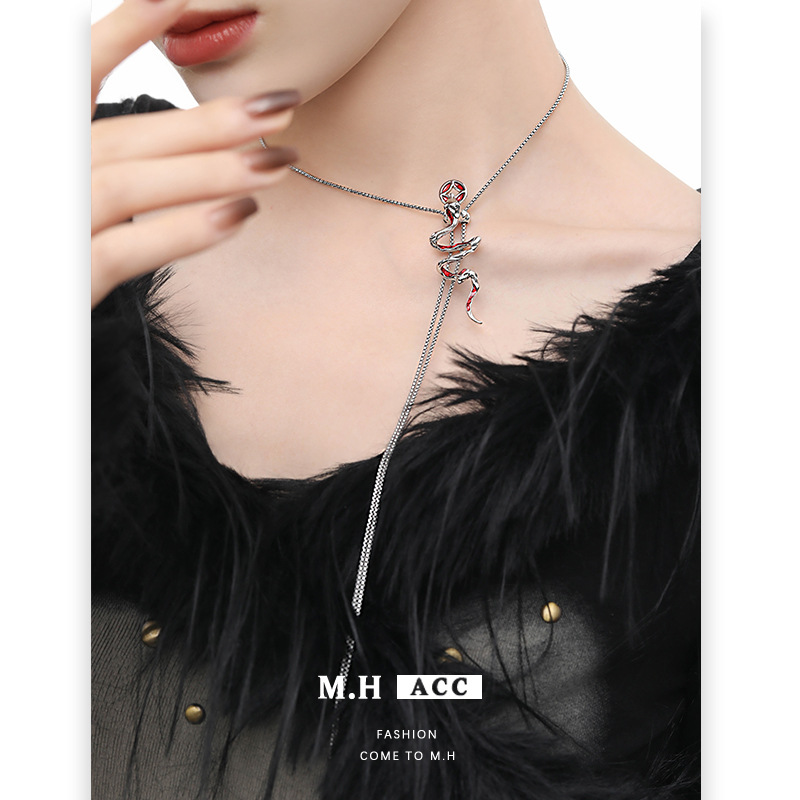 This is a rare and stylish "Spirit Snake necklace" for women, featuring a high-end silver sweater chain that can be pulled out and adjusted. It is a delicate necklace details Picture