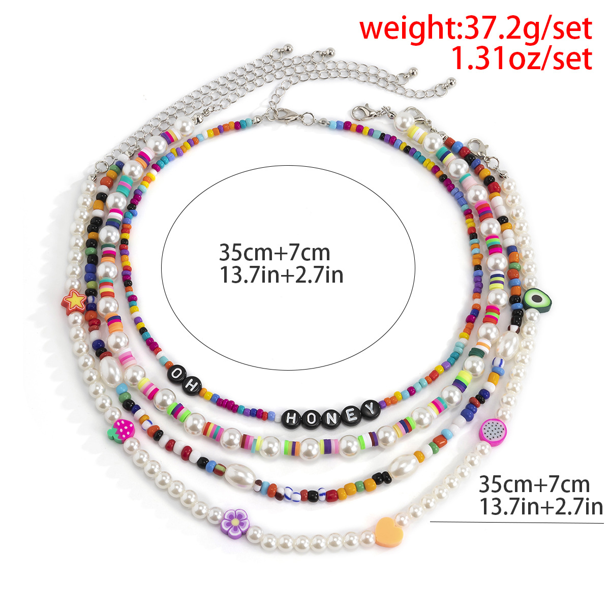 European and American cross-border jewelry, Bohemian mixed-color beaded soft clay necklace, retro imitation pearl heart-shaped letter necklace Application Scenario