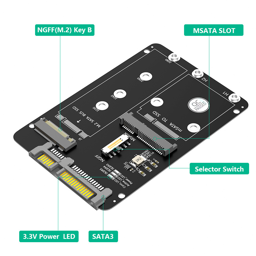 New M.2 NGFF/MSATA to SATA3 2-in-1 SSD solid-state drive 2.5-inch hard drive box adapter card Specification drawing